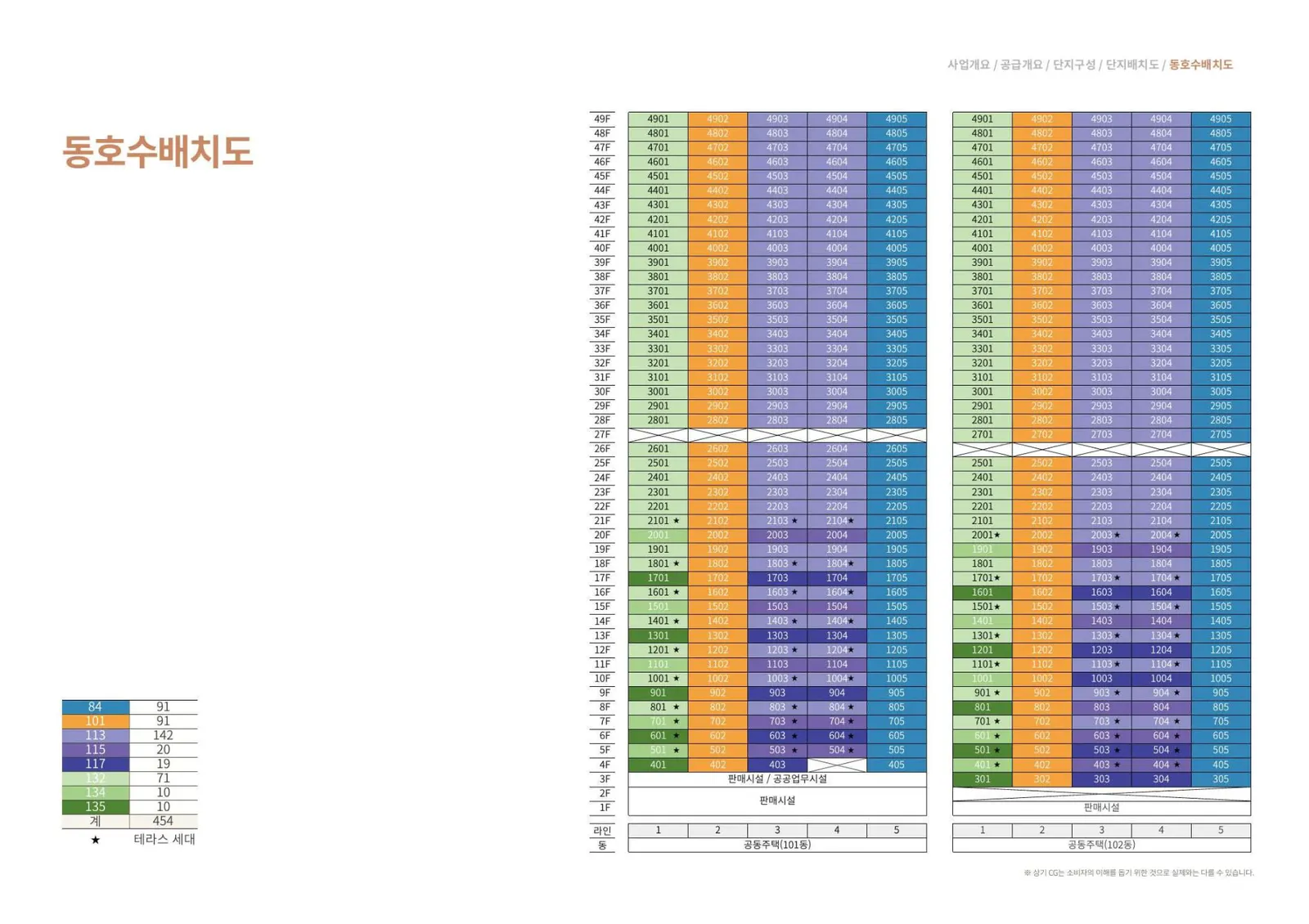 여의도 브라이튼 동호수배치도 - 101동 102동 층별 호수 구성